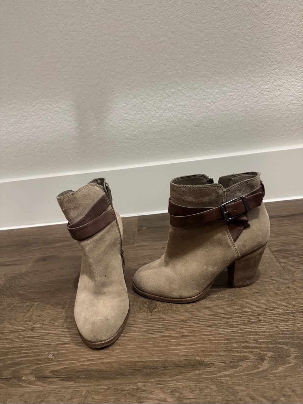 Gianni Bini Beige Suede Ankle Booties with Brown Strap